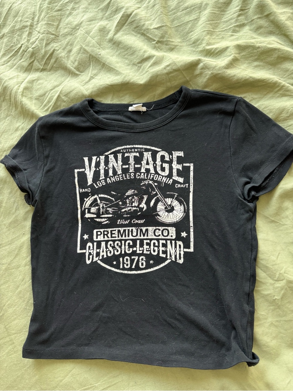 Garage Black Short Sleeve Tee with White Vintage Motorcycle Graphic